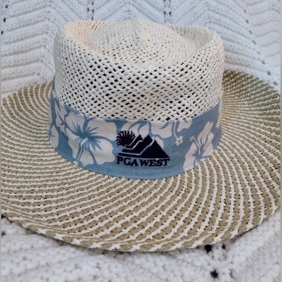 Kate Lord  Golf Straw Hat PGA West Womens M/L Blue Ribbon Bow Floral Summer - Picture 2 of 10